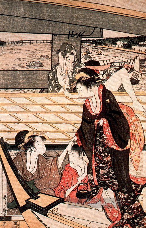 Eine Szene auf der Brücke Kitagawa Utamaro Japaner Ölgemälde